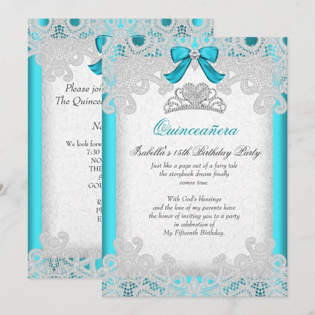 Invitation Princesse Quinceanera Turquoise dentelle bleue (Devant / Derrière)