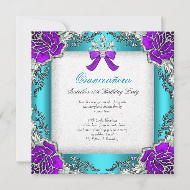 Invitation Princesse Quinceanera Violet Turquoise 15e Anniver (Devant)