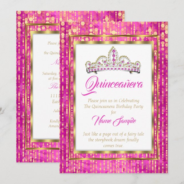 Invitation Princesse Regal Rose Quinceanera Or Blanc (Devant / Derrière)