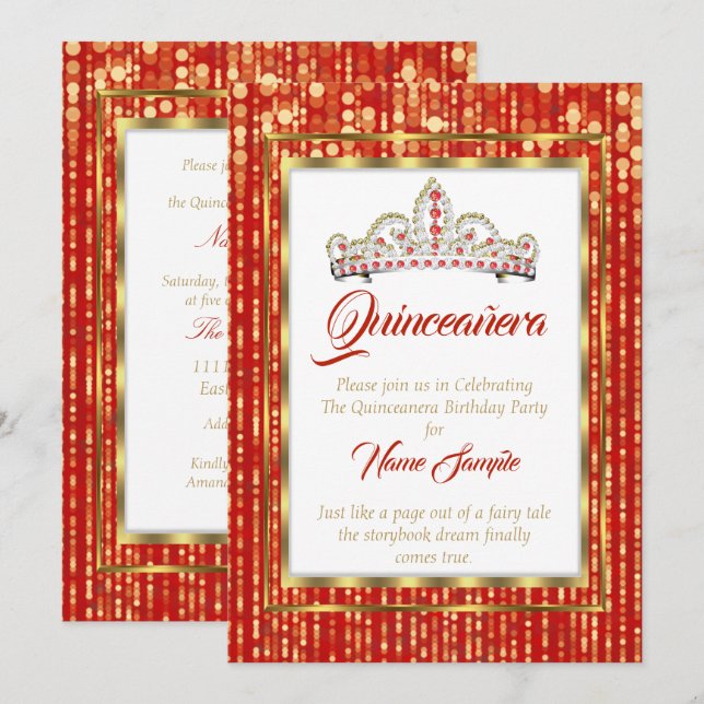 Invitation Princesse Regal Rouge Quinceanera Or Blanc (Devant / Derrière)