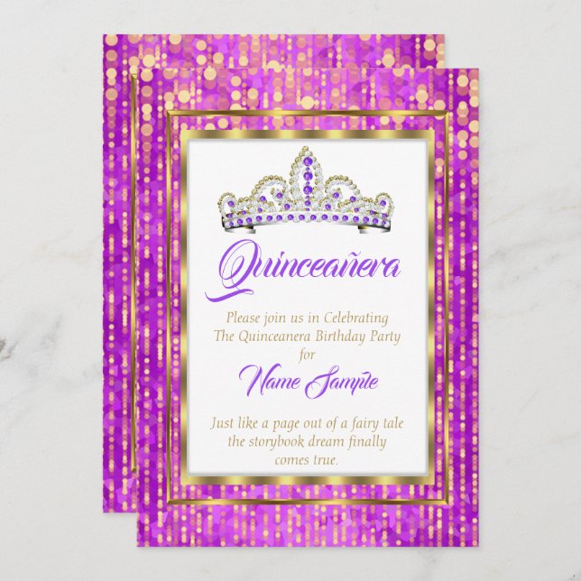 Invitation Princesse Regal Violet Quinceanera Or Blanc (Devant / Derrière)