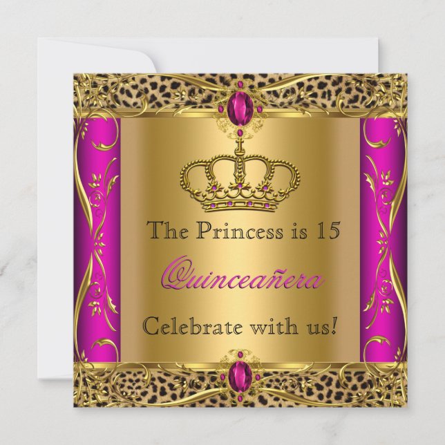 Invitation Princesse Régale Léopard Rose Fête de Quinceañera (Devant)