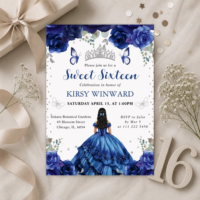 Invitation Princesse Robe Bleue Cheveux Noirs Sweet 16 (Créateur téléchargé)