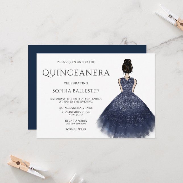 Invitation Princesse Robe Nany Indigo Wonderland Quinceanera (Devant/Arrière en situation)