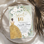 Invitation Princesse robe or roses blanches feuillage vert<br><div class="desc">Roses blanches de princesse robe or vert feuillage sweet sixteen invitation, design Extraordinaire pour la papeterie d'évènement présenté aquarelle fleurs blanches mélangé vert eucalyptus frais et vert feuillage délicatement tissé dans cadre géométrique en faux or. Style boho étonnant pour votre fête mariage, Fête des mariées ou Baby shower. Dans cette...</div>