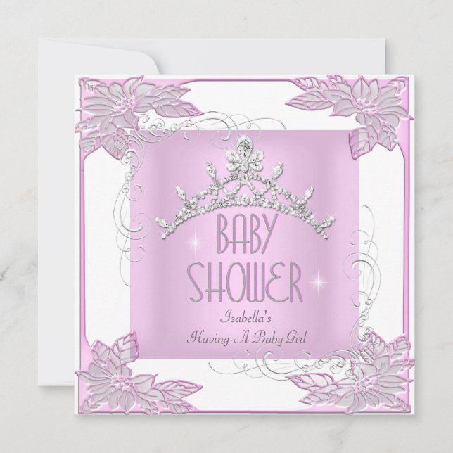 Invitation Princesse Rose Baby shower blanc fille Tiara (Devant)