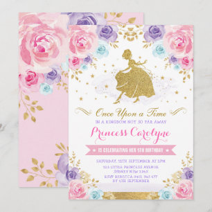 Invitation Princesse rose Cendrillon Birthday d'or de lavande