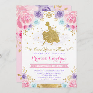 Invitation Princesse rose Cendrillon Birthday d'or de lavande