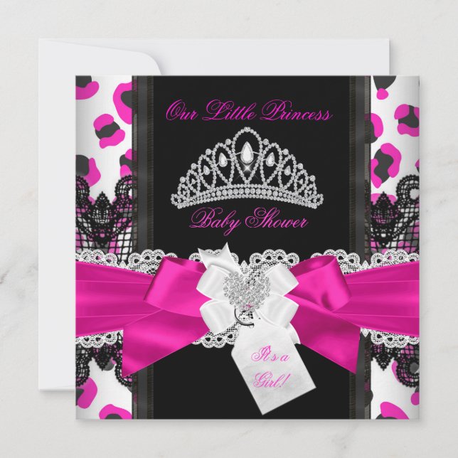 Invitation Princesse Rose Chaud Baby Shower Fille Léopard Noi (Devant)