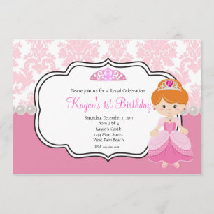 Invitation Princesse Rose Cheveux Rouges  Damassé et Perles