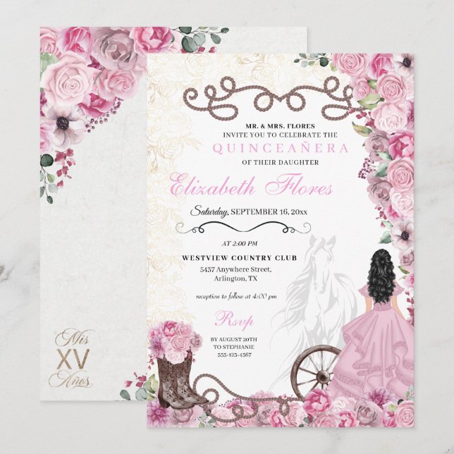 Invitation Princesse Rose de l'Ouest Fleurale Charra Quinceañ (Devant / Derrière)