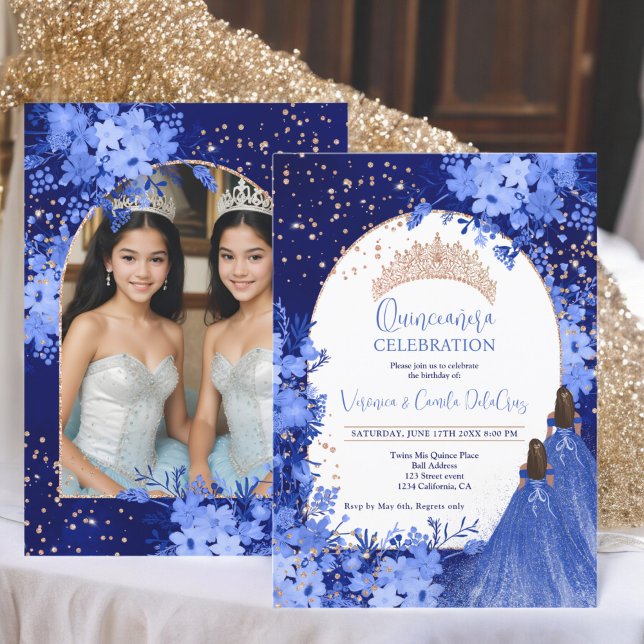 Invitation princesse rose dorée bleue fleurie Twins Quinceane (Rose gold blue floral princess Twins Quinceanera Invitation)