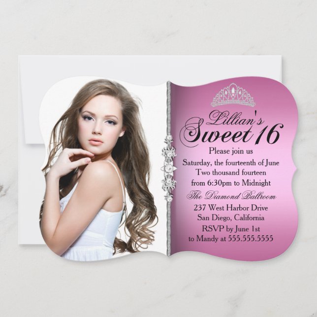 Invitation Princesse rose et noire Tiara Sweet 16 Anniversair (Devant)