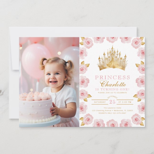 Invitation Princesse rose et or 1er anniversaire Photo (Devant)