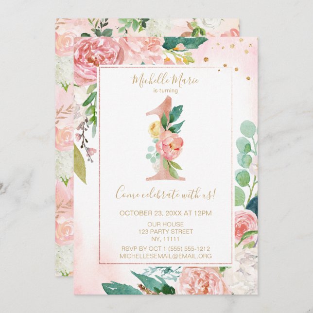 Invitation Princesse rose et or Floral Premier anniversaire (Devant / Derrière)