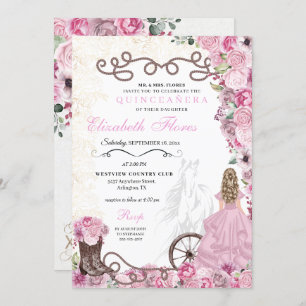 Invitation Princesse rose occidentale Floral Charra Quinceañe