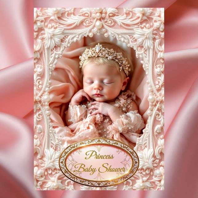 Invitation Princesse Rose Or Bébé Fille Bain de perle Blonde (Créateur téléchargé)
