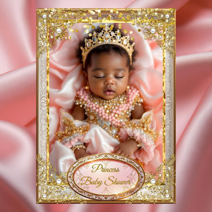 Invitation Princesse Rose Or Bébé Fille Bain Ethnique perles