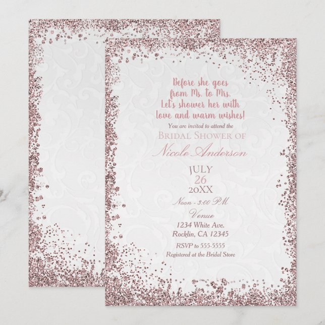 Invitation Princesse Rose Pailleté Blanc Damassé Enterrement  (Devant / Derrière)
