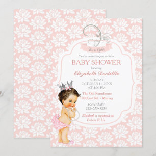 Invitation Princesse Rose Pâle et Bébé Fille Argent