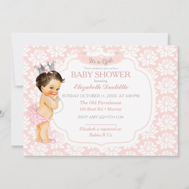 Invitation Princesse Rose Pâle et Bébé Fille Argent (Devant)