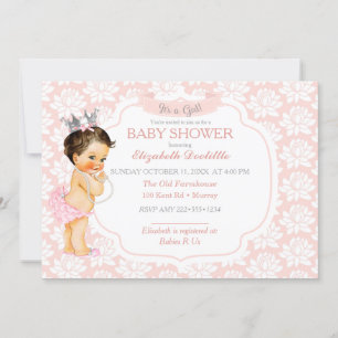 Invitation Princesse Rose Pâle et Bébé Fille Argent