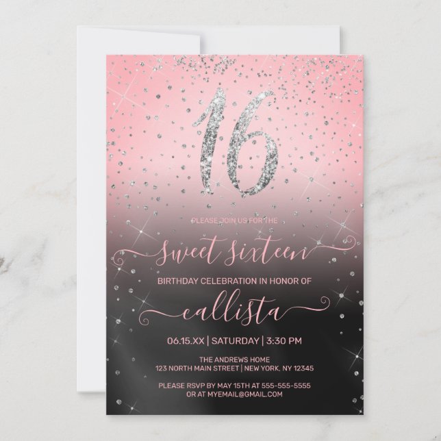 Invitation Princesse rose Parties scintillant en argent Confe (Devant)