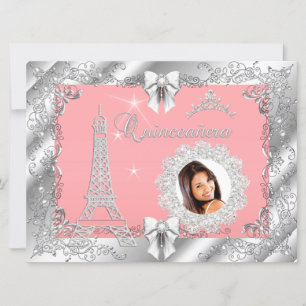 Invitation Princesse Rose PÊCHE Quinceanera Argent PHOTO GRAN