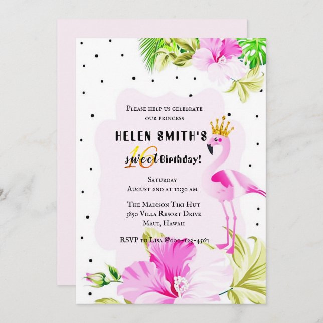 Invitation Princesse rose Tropic Sweet 16 de Flamant rose (Devant / Derrière)