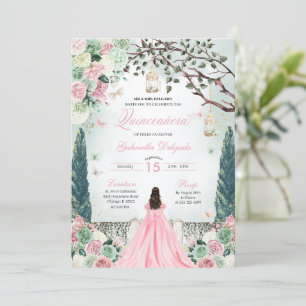 Invitation Princesse rose verte enchantée Jardin Quinceanera