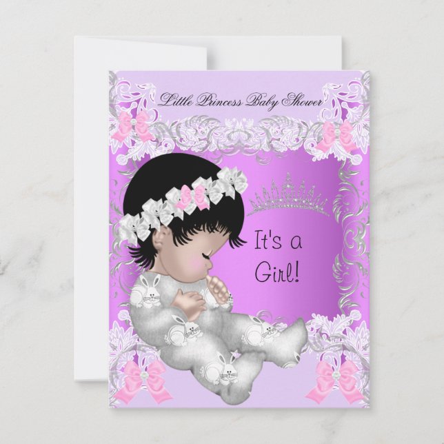 Invitation Princesse Rose Violet Gris Baby Shower Mignonne Fi (Devant)