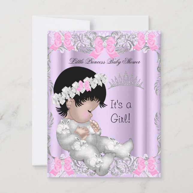 Invitation Princesse Rose Violet Gris Baby Shower Mignonne Fi (Devant)