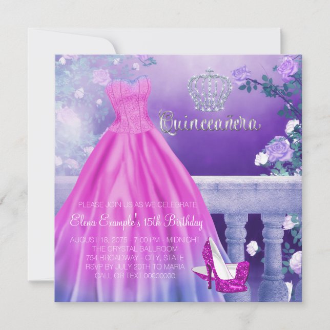 Invitation Princesse Rose Violet Quinceanera (Devant)