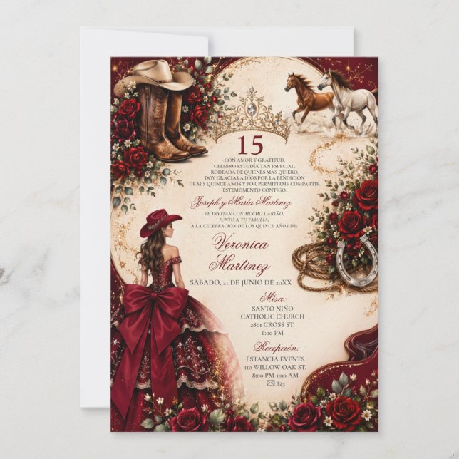 Invitation Princesse rouge burgundy occidental Mis Quince (Devant)