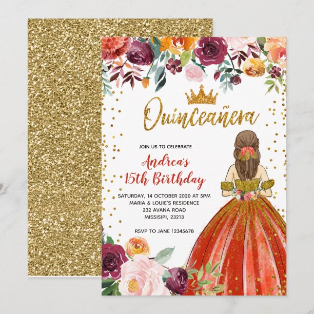 Invitation Princesse Rouge et Or Floral Quinceañera Anniversa (Devant / Derrière)