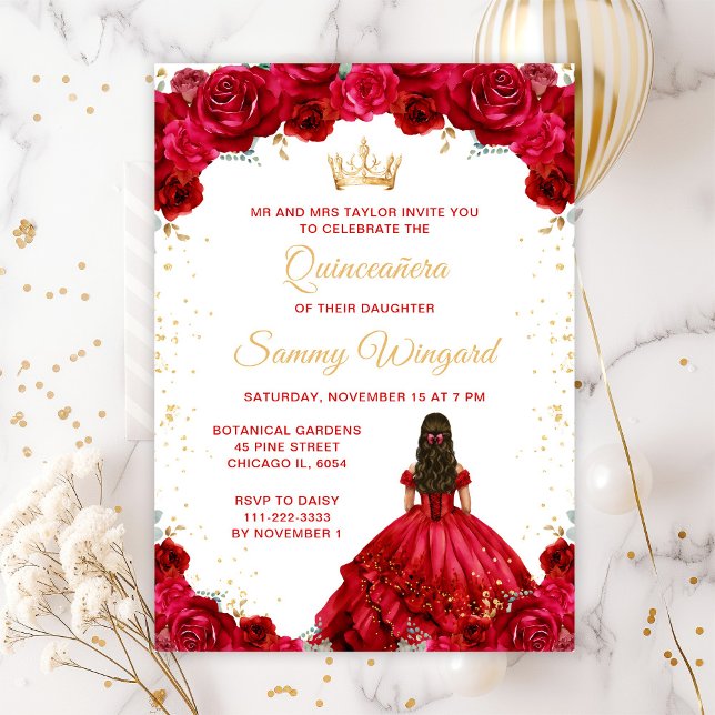 Invitation Princesse Rouge Florale Quinceañera (Créateur téléchargé)