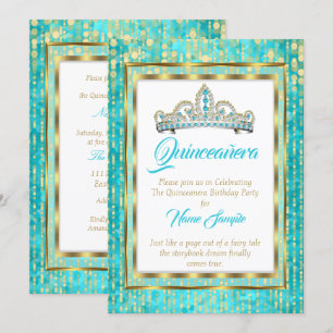Invitation Princesse Royale Bleu Turquoise Quinceanera Or Bla