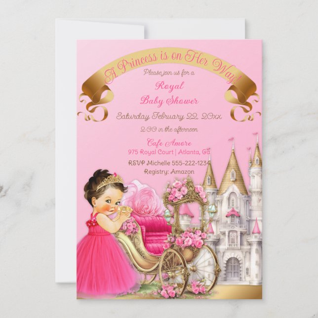 Invitation Princesse Royale Carrosse Château Rose Or Fille (Devant)