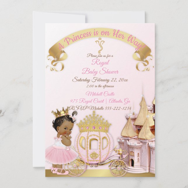 Invitation Princesse Royale Château Carrosse Rose Or Fille (Devant)
