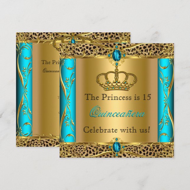 Invitation Princesse Royale Léopard Turquoise Fête de Quincea (Devant / Derrière)
