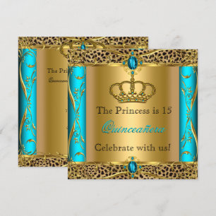 Invitation Princesse Royale Léopard Turquoise Fête de Quincea