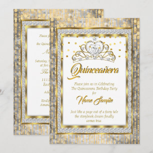 Invitation Princesse Royale Quinceanera Or Blanc Argent