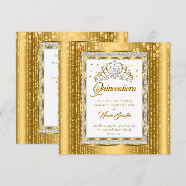 Invitation Princesse Royale Quinceanera Or Blanc Diamant (Devant / Derrière)
