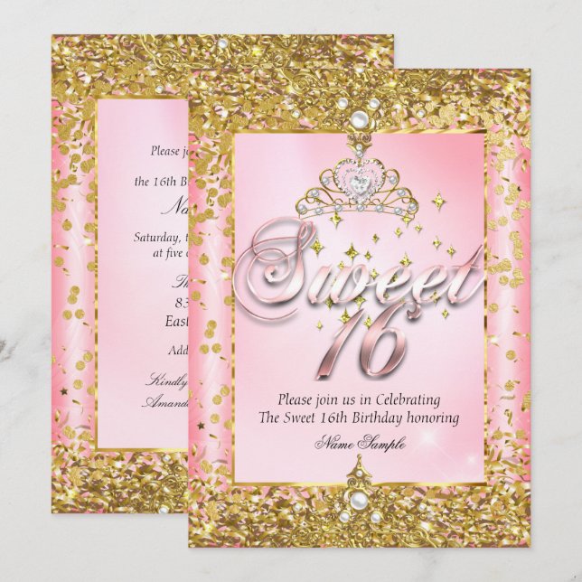Invitation Princesse Royale Sweet 16 Fard Doré Rose Fête (Devant / Derrière)