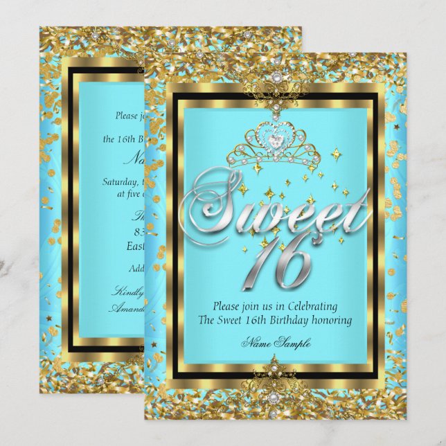 Invitation Princesse Royale Sweet 16 Or Bleu Turquoise Fête (Devant / Derrière)