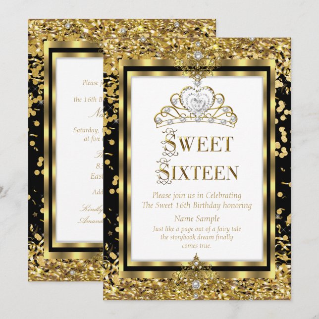 Invitation Princesse Royale Sweet 16 Or Noir Blanc Party (Devant / Derrière)