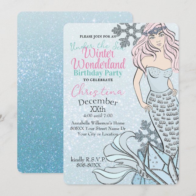 Invitation Princesse Sirène Gelée Thème de Fête d'Hiver (Devant / Derrière)