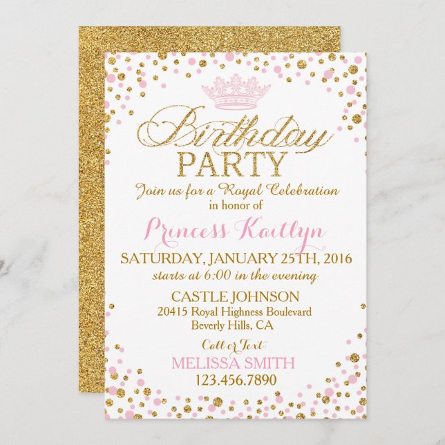 Invitation Princesse Sparkle rose et Parties scintillant or A (Devant / Derrière)