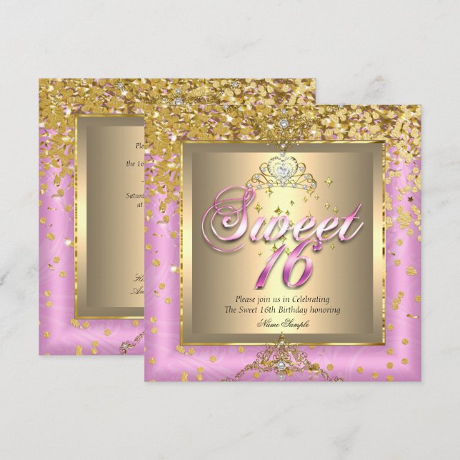 Invitation Princesse Sweet 16 Anniversaire Fête Or Rose (Devant / Derrière)