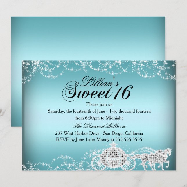 Invitation Princesse Sweet 16 Carrosse Cheval Bleu (Devant / Derrière)